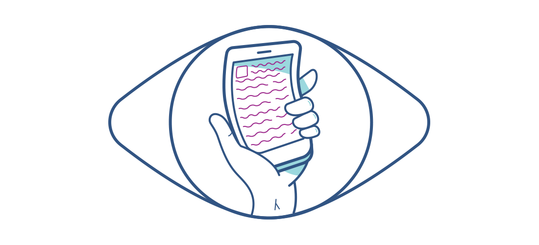 Illustration of a distorted mobile phone seen through an eye